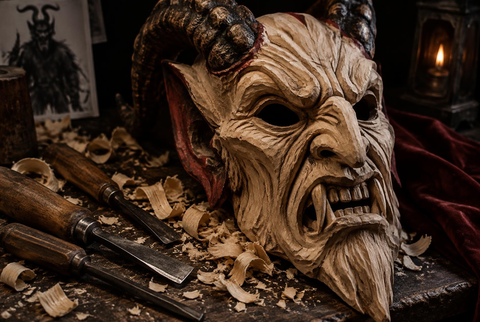 Halbfertig geschnitzte Krampusmaske mit Holzspänen (Illustration)